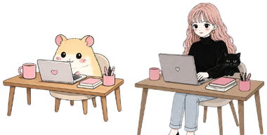 デスクで作業するハムスターとmia
